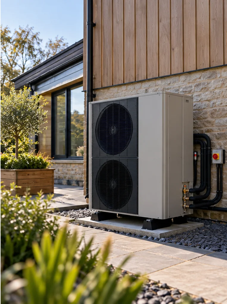 Illustrative image of an outdoor heat pump integrated alongside a contemporary home